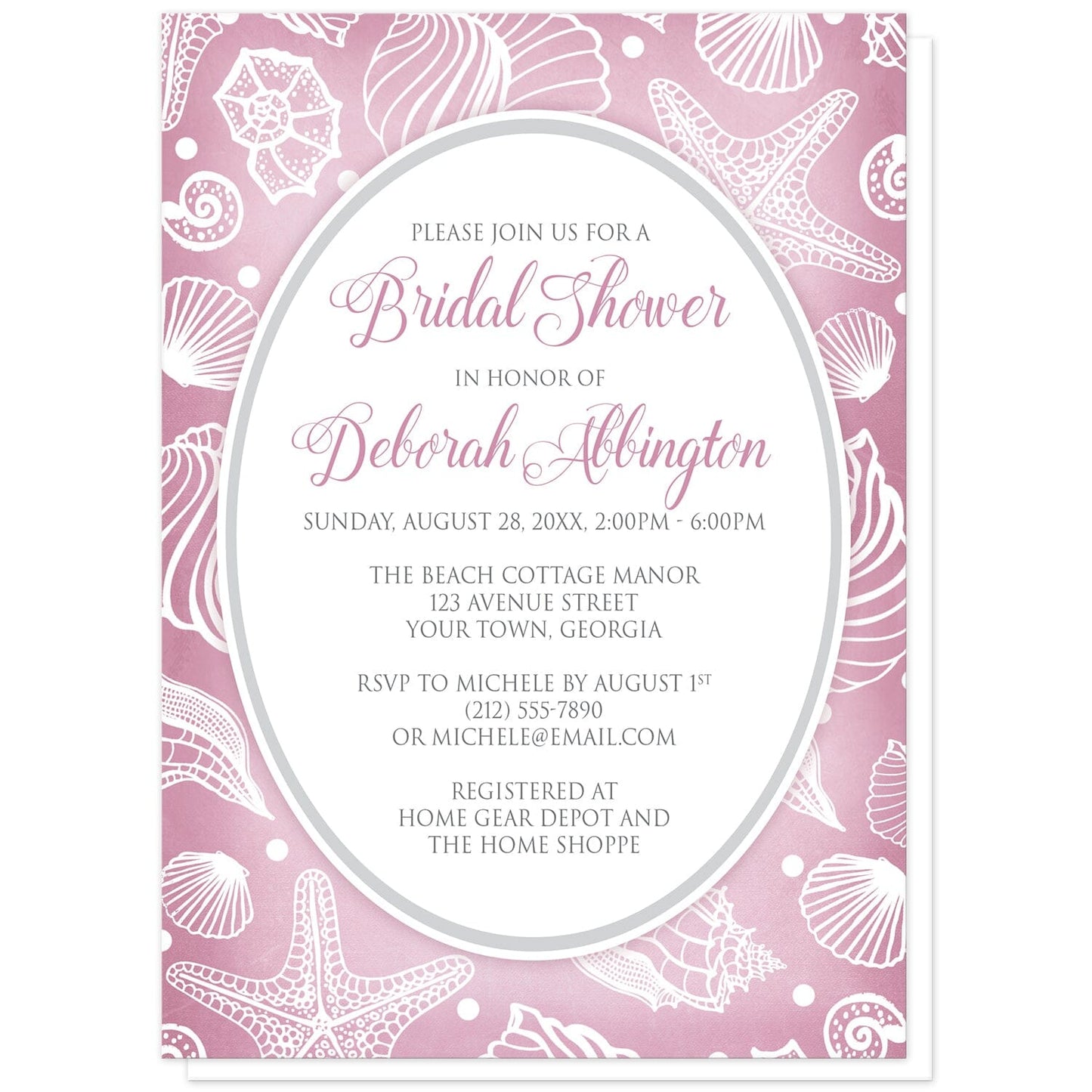 Pretty Pink Beach Seashell Bridal Shower Invitations at Artistically Invited. Pretty pink beach seashell bridal shower invitations with a white line seashell pattern over an organic-like pink background. Your personalized bridal shower celebration details are arranged in pink and gray in a white oval frame in the center of these seashell invites.