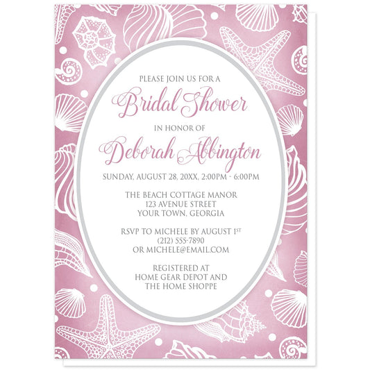 Pretty Pink Beach Seashell Bridal Shower Invitations at Artistically Invited. Pretty pink beach seashell bridal shower invitations with a white line seashell pattern over an organic-like pink background. Your personalized bridal shower celebration details are arranged in pink and gray in a white oval frame in the center of these seashell invites.