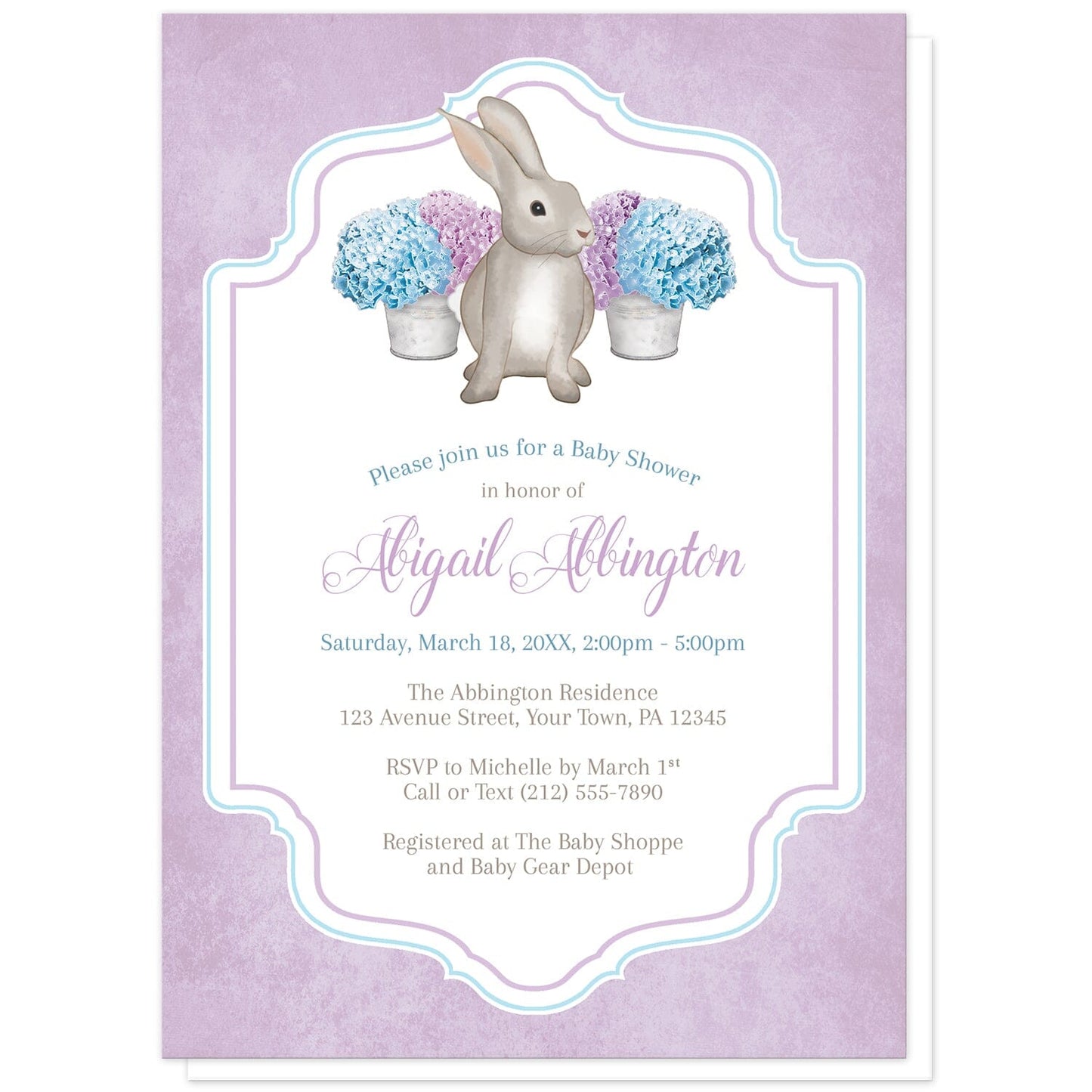 Purple Blue Hydrangea Rabbit Baby Shower Invitations at Artistically Invited. Purple blue hydrangea rabbit baby shower invitations with a watercolor-inspired illustration of cute little brown bunny rabbit with blue and purple hydrangea floral arrangements in tin buckets. Your personalized baby shower celebration details are arranged in purple, blue, and brown in the white frame area outlined with blue and purple, over a light rustic purple colored background.