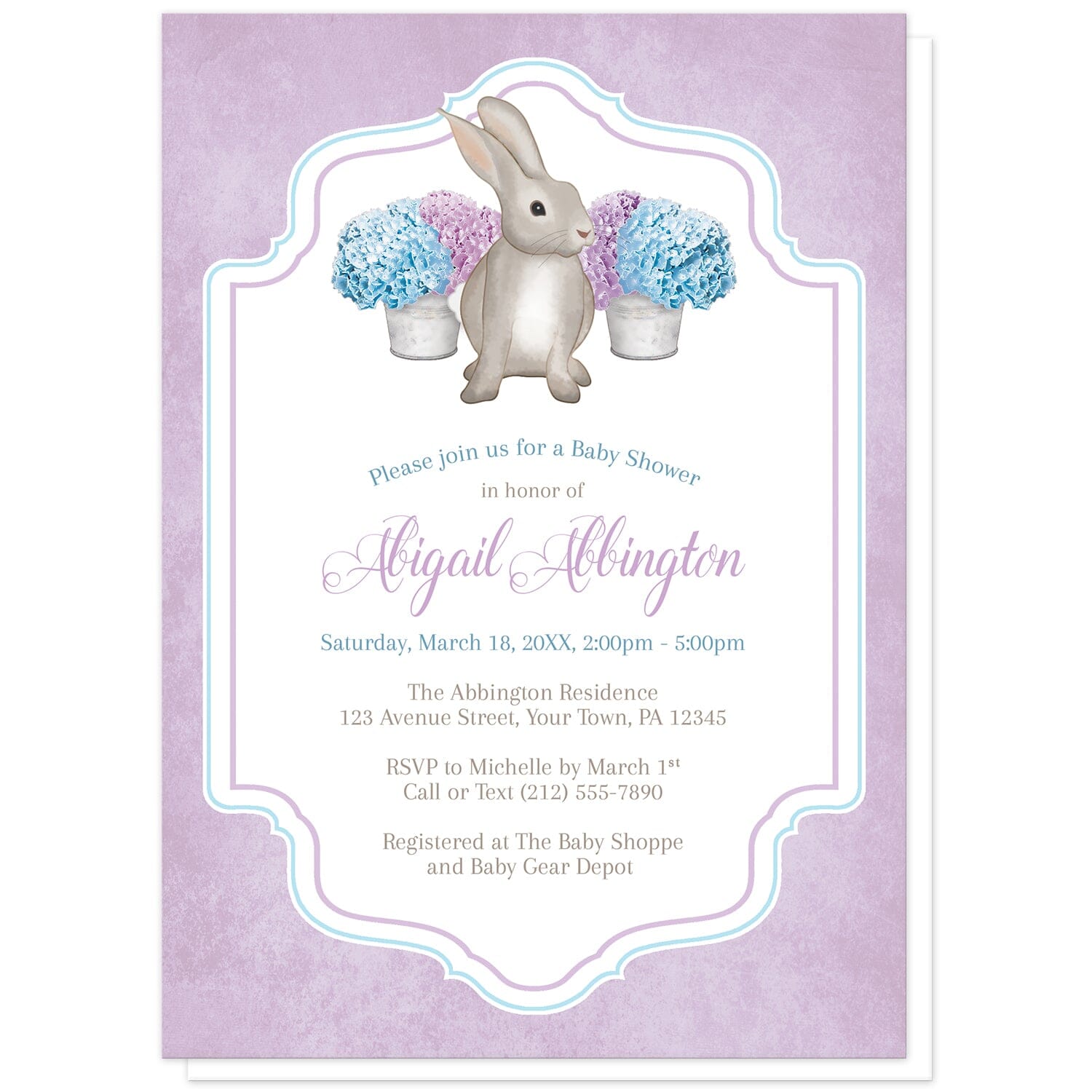 Purple Blue Hydrangea Rabbit Baby Shower Invitations at Artistically Invited. Purple blue hydrangea rabbit baby shower invitations with a watercolor-inspired illustration of cute little brown bunny rabbit with blue and purple hydrangea floral arrangements in tin buckets. Your personalized baby shower celebration details are arranged in purple, blue, and brown in the white frame area outlined with blue and purple, over a light rustic purple colored background.