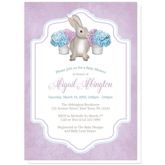 Purple Blue Hydrangea Rabbit Baby Shower Invitations at Artistically Invited. Purple blue hydrangea rabbit baby shower invitations with a watercolor-inspired illustration of cute little brown bunny rabbit with blue and purple hydrangea floral arrangements in tin buckets. Your personalized baby shower celebration details are arranged in purple, blue, and brown in the white frame area outlined with blue and purple, over a light rustic purple colored background.
