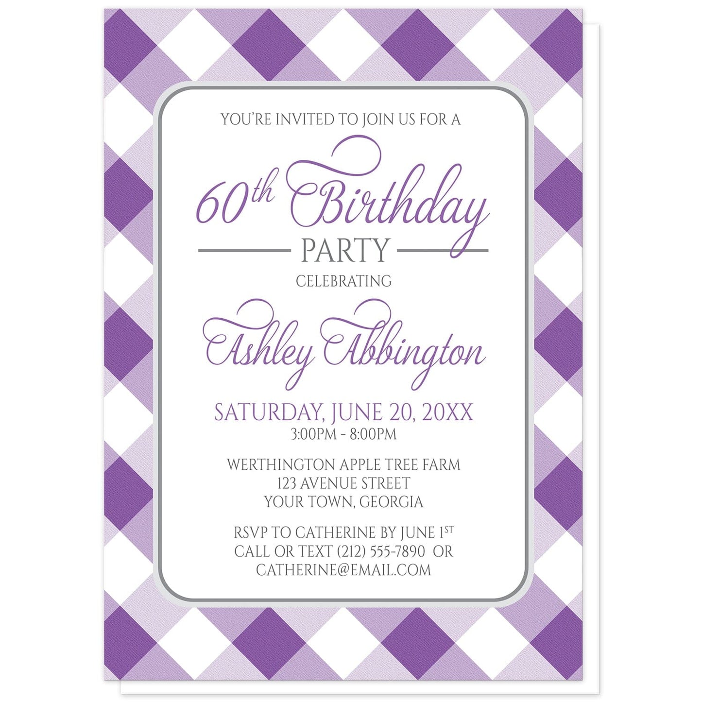 Purple Gingham Birthday Party Invitations at Artistically Invited. Purple gingham birthday party invitations with your personalized party details custom printed in purple and gray inside a white rectangular area outlined in gray. The background design is a diagonal purple and white gingham pattern. 