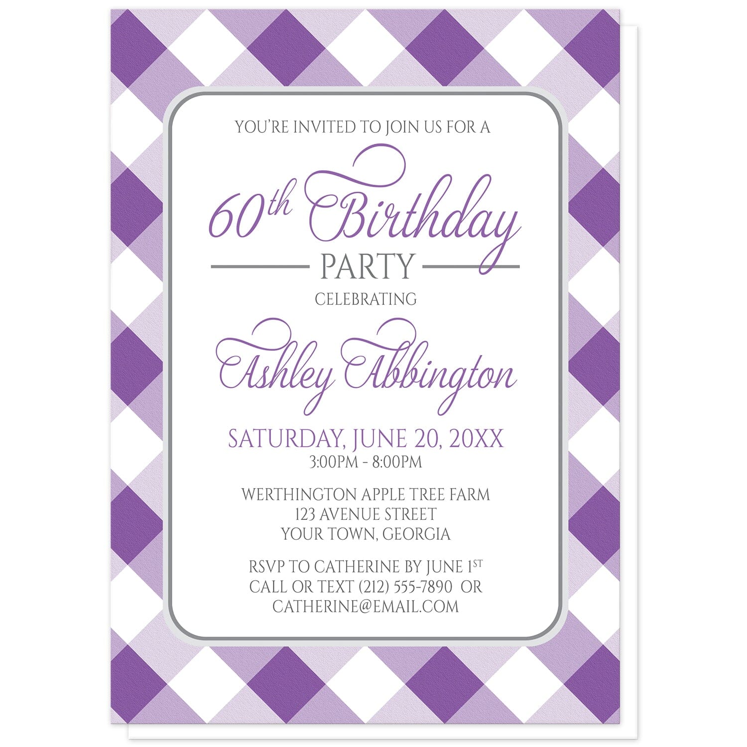 Purple Gingham Birthday Party Invitations at Artistically Invited. Purple gingham birthday party invitations with your personalized party details arranged in purple and gray inside a white rectangular area outlined in gray. The background design is a diagonal purple and white gingham pattern.