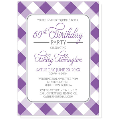 Purple Gingham Birthday Party Invitations at Artistically Invited. Purple gingham birthday party invitations with your personalized party details custom printed in purple and gray inside a white rectangular area outlined in gray. The background design is a diagonal purple and white gingham pattern. 