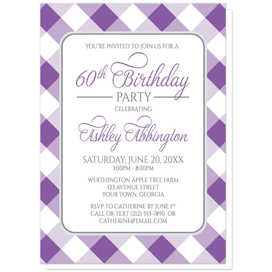 Purple Gingham Birthday Party Invitations at Artistically Invited. Purple gingham birthday party invitations with your personalized party details custom printed in purple and gray inside a white rectangular area outlined in gray. The background design is a diagonal purple and white gingham pattern. 