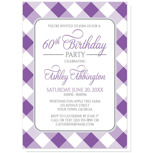 Purple Gingham Birthday Party Invitations at Artistically Invited. Purple gingham birthday party invitations with your personalized party details arranged in purple and gray inside a white rectangular area outlined in gray. The background design is a diagonal purple and white gingham pattern.