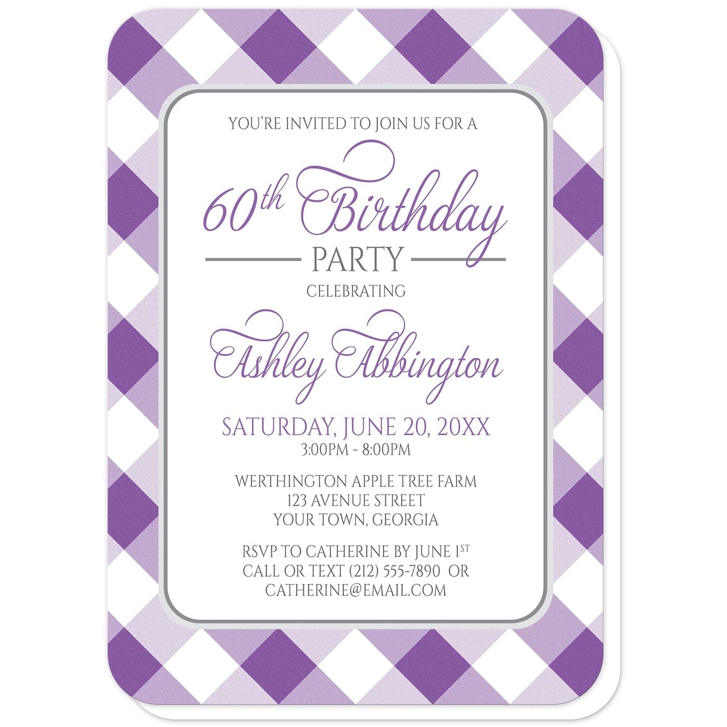 Purple Gingham Birthday Party Invitations (with rounded corners) at Artistically Invited. Purple gingham birthday party invitations with your personalized party details custom printed in purple and gray inside a white rectangular area outlined in gray. The background design is a diagonal purple and white gingham pattern.
