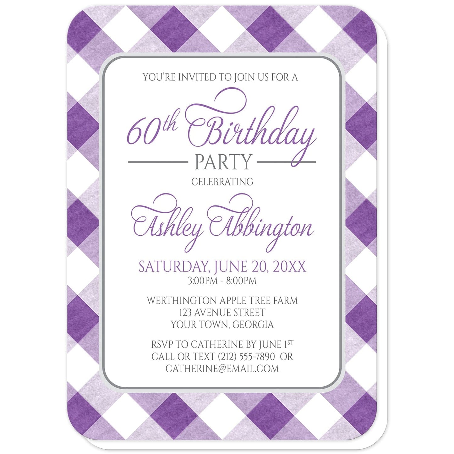 Purple Gingham Birthday Party Invitations (with rounded corners) at Artistically Invited. Purple gingham birthday party invitations with your personalized party details custom printed in purple and gray inside a white rectangular area outlined in gray. The background design is a diagonal purple and white gingham pattern. 