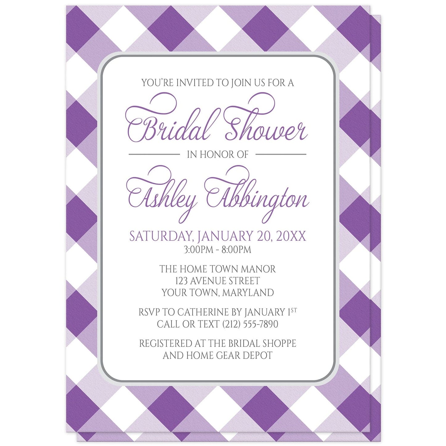 Purple Gingham Bridal Shower Invitations at Artistically Invited. Purple gingham bridal shower invitations with your personalized bridal shower celebration details arranged in purple and gray inside a white rectangular area outlined in gray. The background design is a diagonal purple and white gingham pattern.