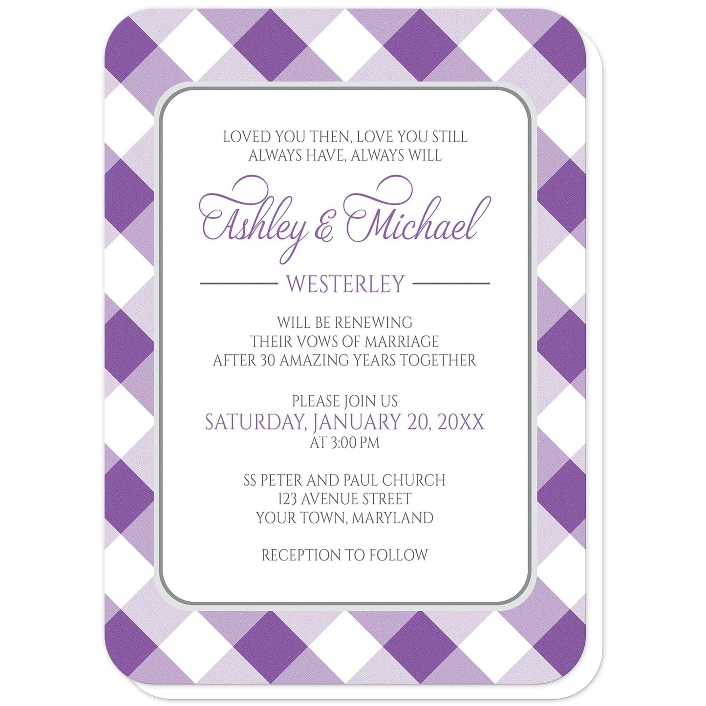 Purple Gingham Vow Renewal Invitations (with rounded corners) at Artistically Invited. Purple gingham vow renewal invitations with your personalized ceremony details custom printed in purple and gray inside a white rectangular area outlined in gray. The background design is a diagonal purple and white gingham pattern.