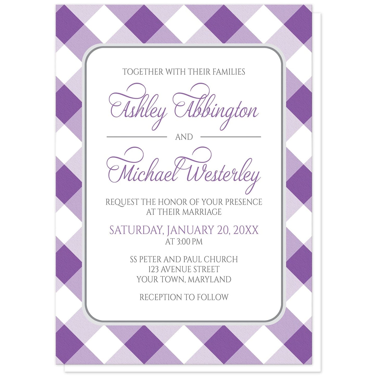 Purple Gingham Wedding Invitations at Artistically Invited. Purple gingham wedding invitations with your personalized wedding ceremony details arranged in purple and gray inside a white rectangular area outlined in gray. The background design is a diagonal purple and white gingham pattern.