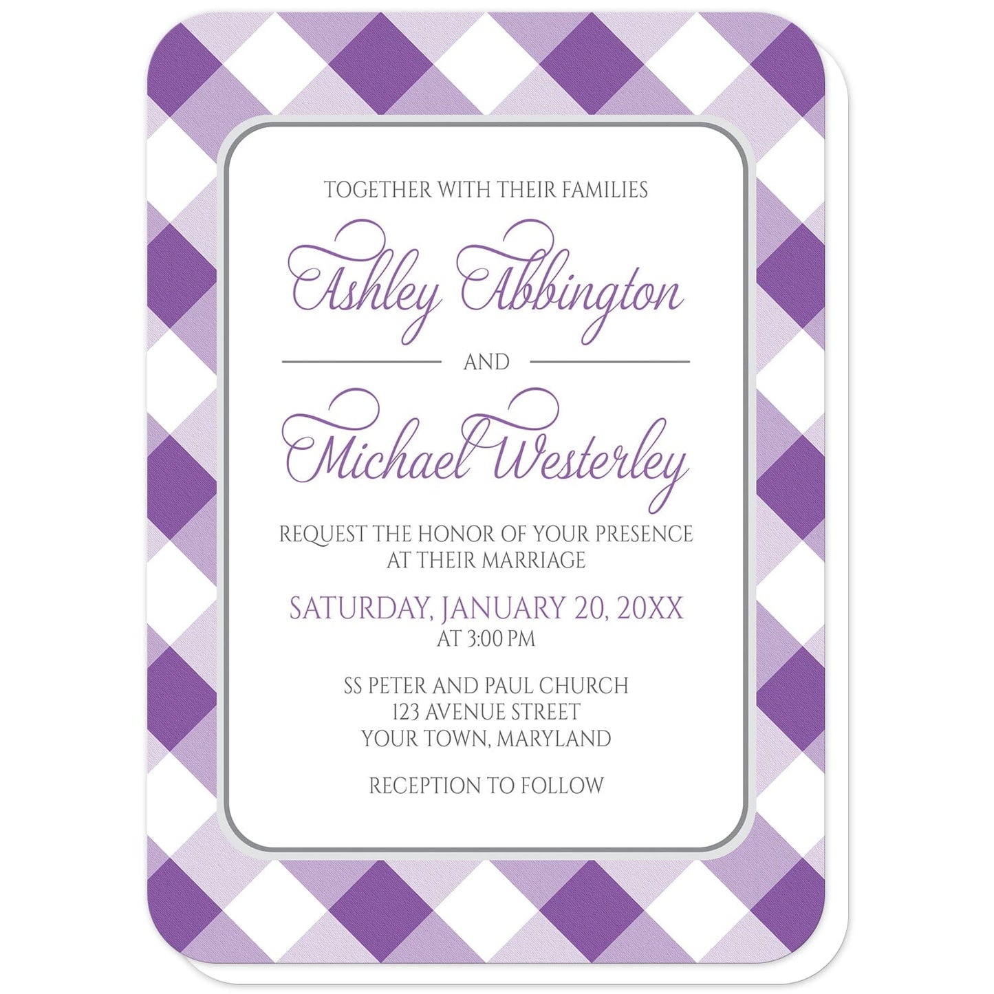 Purple Gingham Wedding Invitations (with rounded corners) at Artistically Invited. Purple gingham wedding invitations with your personalized wedding ceremony details custom printed in purple and gray inside a white rectangular area outlined in gray. The background design is a diagonal purple and white gingham pattern.
