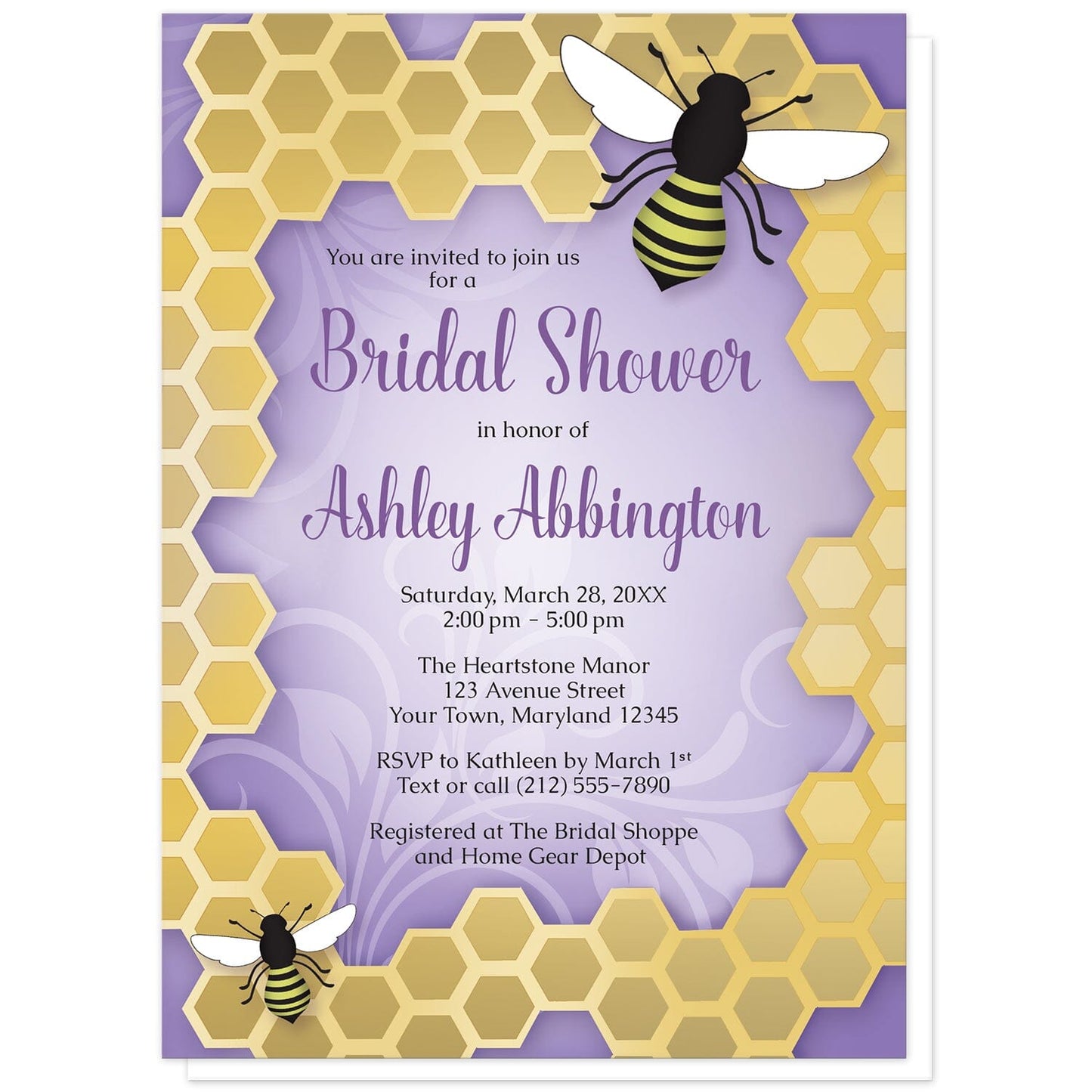 Purple Honeycomb Bee Bridal Shower Invitations at Artistically Invited. Purple honeycomb bee bridal shower invitations designed with an illustration of two bees on a golden honeycomb frame design around the invitation over a purple flourish background color. Your personalized bridal shower celebration details are arranged in black and purple in the middle over the purple background design.