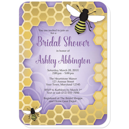 Purple Honeycomb Bee Bridal Shower Invitations (with rounded corners) at Artistically Invited. Purple honeycomb bee bridal shower invitations designed with an illustration of two bees on a golden honeycomb frame design around the invitation over a purple flourish background color. Your personalized bridal shower celebration details are custom printed in black and purple in the middle over the purple background design.