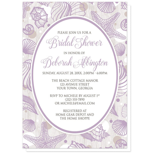 Purple Seashell Whitewashed Wood Beach Bridal Shower Invitations at Artistically Invited. Purple seashell whitewashed wood beach bridal shower invitations with your personalized bridal shower celebration details arranged in purple and brown inside a purple-outlined white oval. The background of these invites is a lilac purple seashell pattern, with purple, white, and tan circles. The seashells and circles are spread out over a rustic whitewashed wood design.