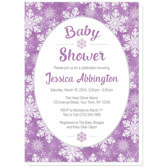 Purple Snowflake Baby Shower Invitations at Artistically Invited. Pretty purple snowflake baby shower invitations with your personalized baby shower celebration details arranged in purple and gray in a white oval frame design over a purple and white snowflake pattern background.