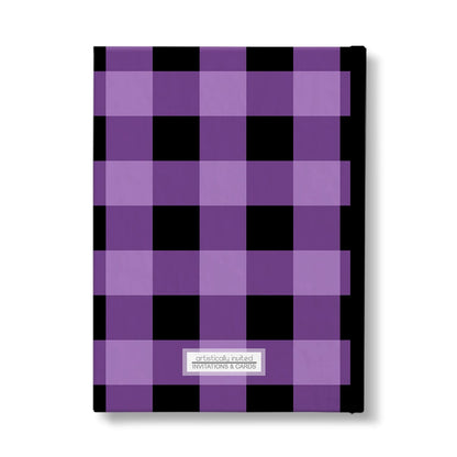 Personalized Purple and Black Buffalo Plaid Journal at Artistically Invited. Back side of the book. 