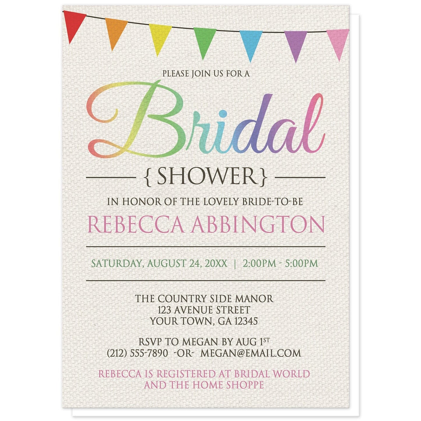 Rainbow Bunting Flags Rustic Bridal Shower Invitations at Artistically Invited. Rainbow bunting flags rustic bridal shower invitations with a tilted bunting flags design along the top, with the triangle flags in a rainbow color progression, over a light canvas texture background image. Your personalized bridal shower details are arranged in pink, green, and brown over the canvas background design.