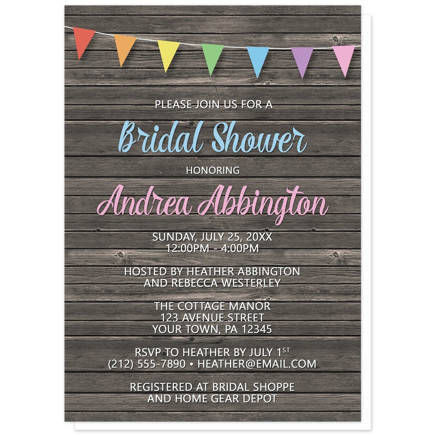 Rainbow Bunting Flags Rustic Wood Bridal Shower Invitations at Artistically Invited. Rainbow bunting flags rustic wood bridal shower invitations with a tilted pennant style rainbow bunting flags design, with the triangle flags in a rainbow progression, along the top over a dark brown country wood background. Your personalized bridal shower celebration details are arranged in blue, pink, and white over the wood design.