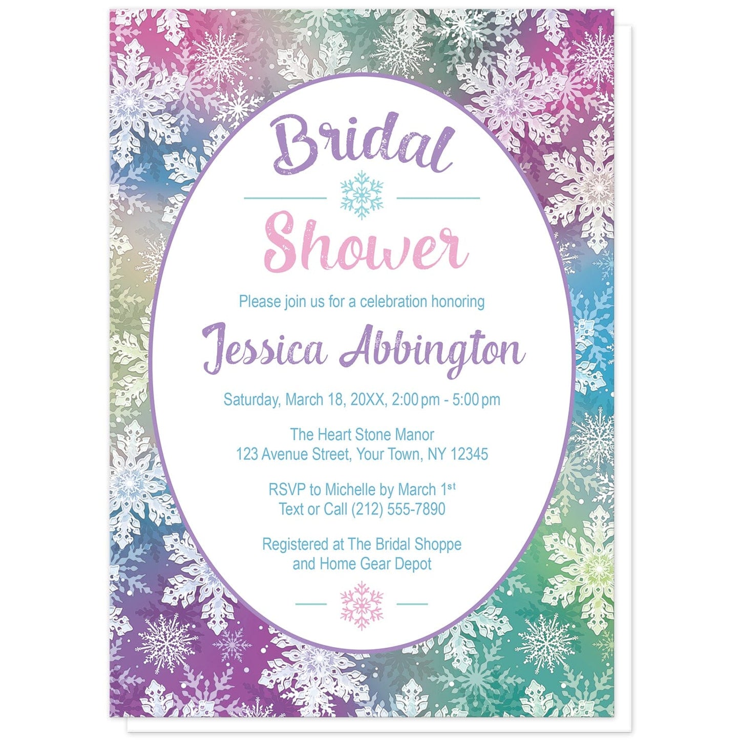 Rainbow Snowflake Bridal Shower Invitations at Artistically Invited. Rainbow snowflake bridal shower invitations designed with your personalized bridal shower details custom printed in colorful text in a white oval frame design over a beautiful and ornate rainbow snowflake pattern with white snowflakes over a multicolored background.