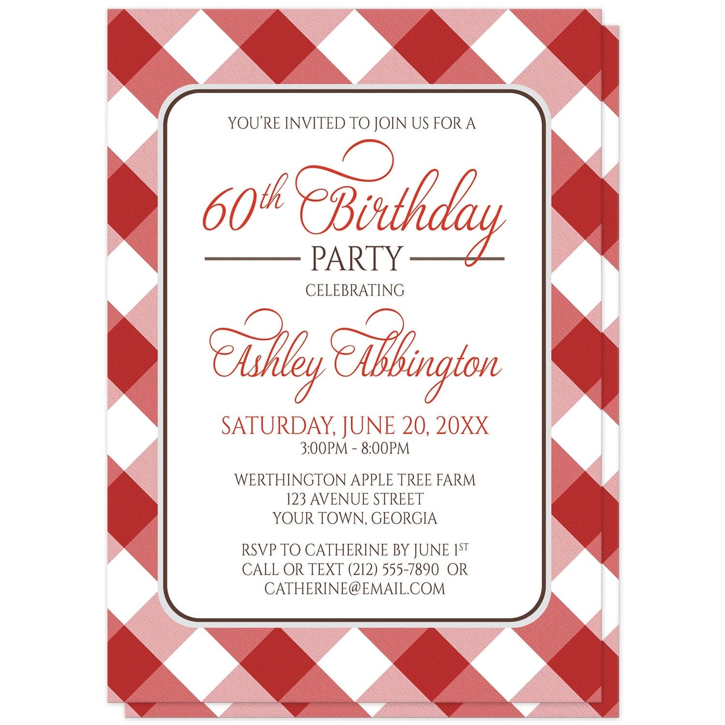 Red Gingham Birthday Party Invitations at Artistically Invited. Red gingham birthday party invitations with your personalized party details arranged in red and brown inside a white rectangular area outlined in brown and light gray. The background design is a diagonal red and white gingham pattern.