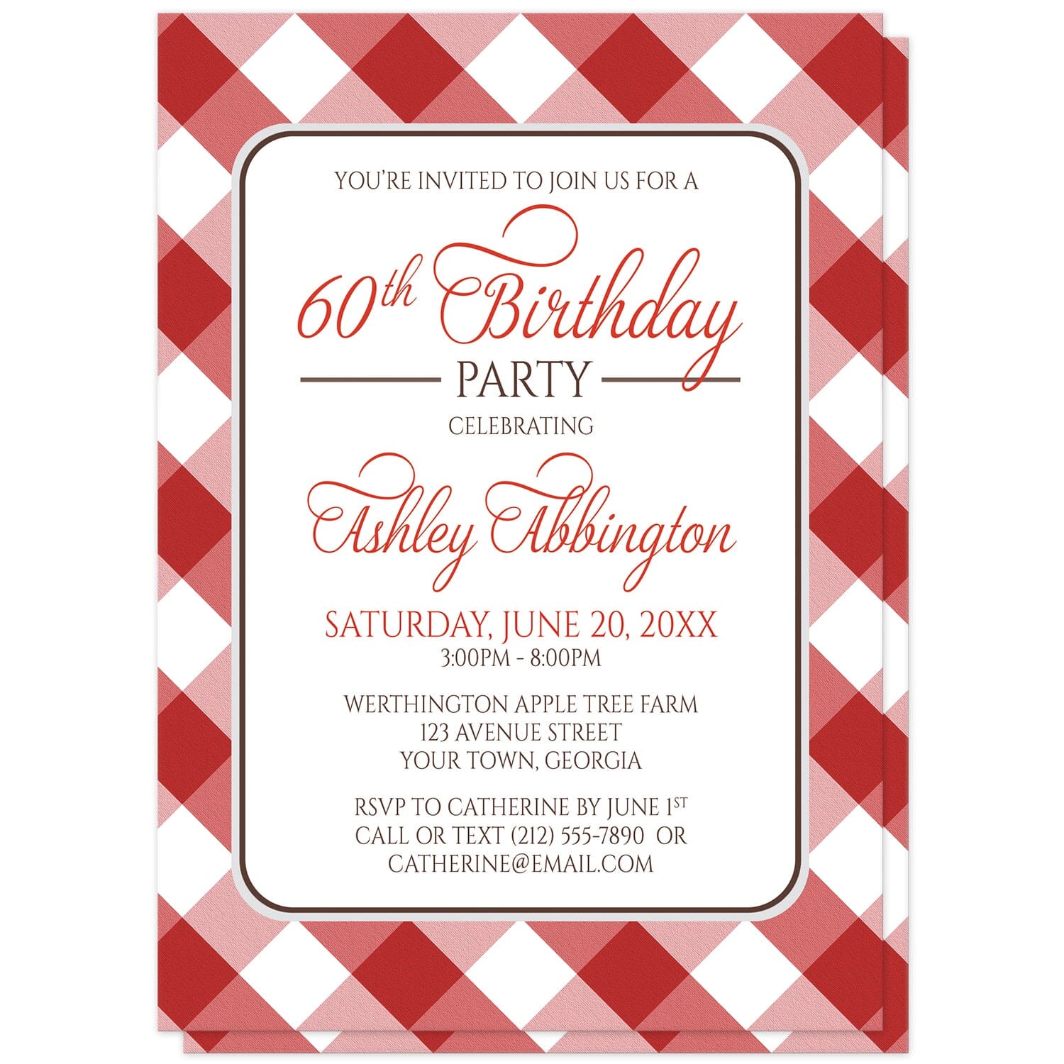 Red Gingham Birthday Party Invitations at Artistically Invited. Red gingham birthday party invitations with your personalized party details arranged in red and brown inside a white rectangular area outlined in brown and light gray. The background design is a diagonal red and white gingham pattern.