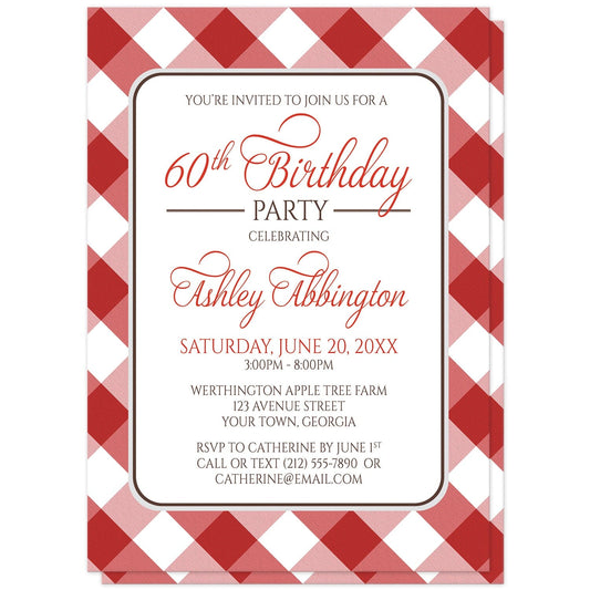 Red Gingham Birthday Party Invitations at Artistically Invited. Red gingham birthday party invitations with your personalized party details arranged in red and brown inside a white rectangular area outlined in brown and light gray. The background design is a diagonal red and white gingham pattern.