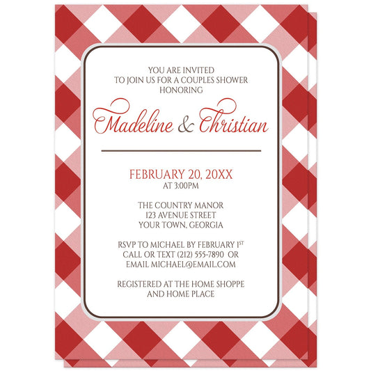 Red Gingham Couples Shower Invitations at Artistically Invited. Red gingham couples shower invitations with your personalized couples shower celebration details custom printed in red and brown on white in the center, over a diagonal red gingham check pattern background. The red and white gingham pattern is also printed on the back side.