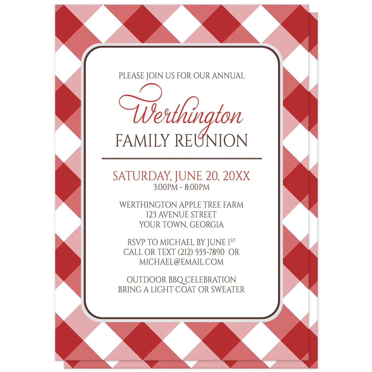Red Gingham Family Reunion Invitations at Artistically Invited. Red gingham family reunion invitations with your personalized reunion details arranged in red and brown inside a white rectangular area outlined in brown and light gray. The background design of these red gingham family reunion invitations is a diagonal red and white gingham pattern.