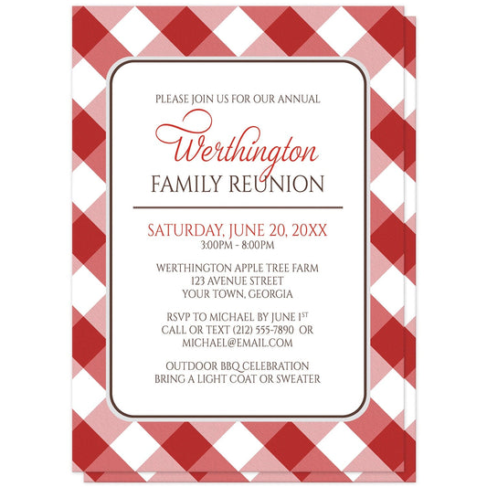 Red Gingham Family Reunion Invitations at Artistically Invited. Red gingham family reunion invitations with your personalized reunion details arranged in red and brown inside a white rectangular area outlined in brown and light gray. The background design of these red gingham family reunion invitations is a diagonal red and white gingham pattern.