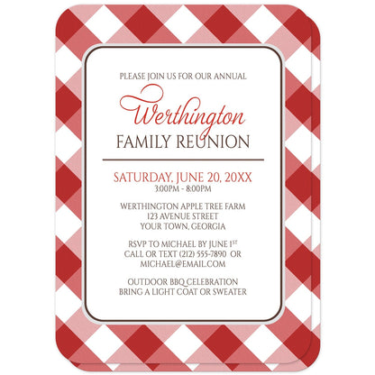 Red Gingham Family Reunion Invitations (with rounded corners) at Artistically Invited. Red gingham family reunion invitations with your personalized reunion details custom printed in red and brown inside a white rectangular area outlined in brown and light gray. The background design of these red gingham family reunion invitations is a diagonal red and white gingham pattern, which is also printed on the back side. 