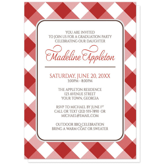 Red Gingham Graduation Invitations at Artistically Invited. Red gingham graduation invitations with your personalized party details custom printed in red and brown inside a white rectangular area outlined in brown and light gray. The background design of these red gingham graduation invitations is a diagonal red and white gingham pattern.