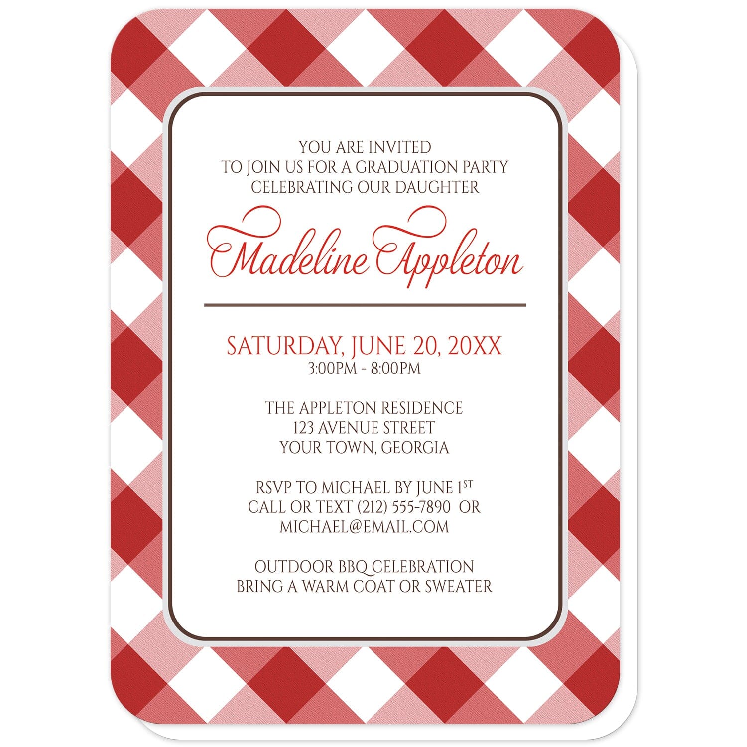 Red Gingham Graduation Invitations (with rounded corners) at Artistically Invited. Red gingham graduation invitations with your personalized party details custom printed in red and brown inside a white rectangular area outlined in brown and light gray. The background design of these red gingham graduation invitations is a diagonal red and white gingham pattern.