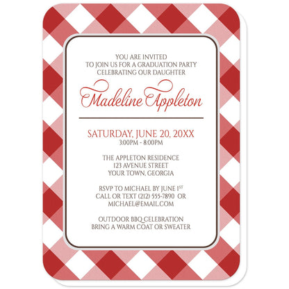 Red Gingham Graduation Invitations (with rounded corners) at Artistically Invited. Red gingham graduation invitations with your personalized party details custom printed in red and brown inside a white rectangular area outlined in brown and light gray. The background design of these red gingham graduation invitations is a diagonal red and white gingham pattern. 