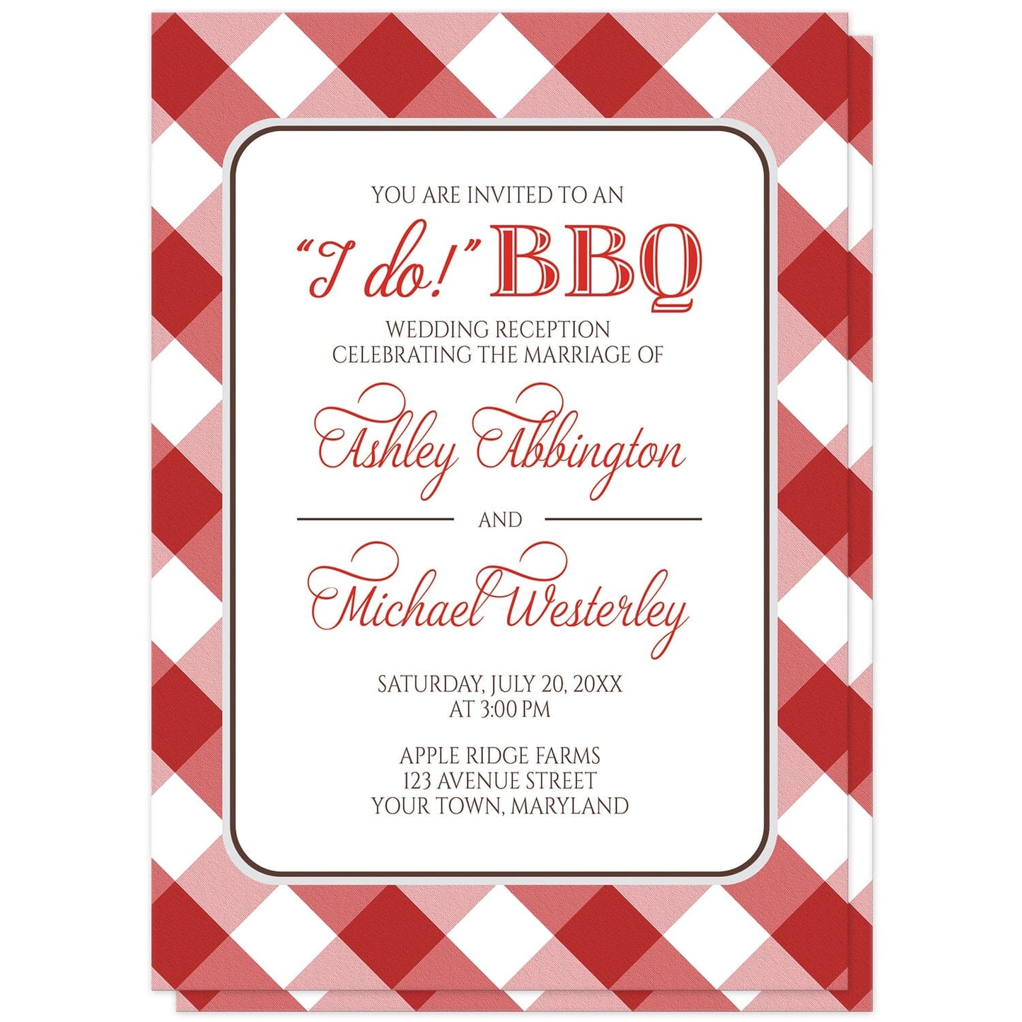 Red Gingham I Do BBQ Reception Only Invitations at Artistically Invited. Red gingham I Do BBQ reception only invitations with your personalized post-wedding reception details arranged in red and brown inside a white rectangular area outlined in brown and light gray. The background design is a diagonal red and white gingham pattern which is also printed on the back side.
