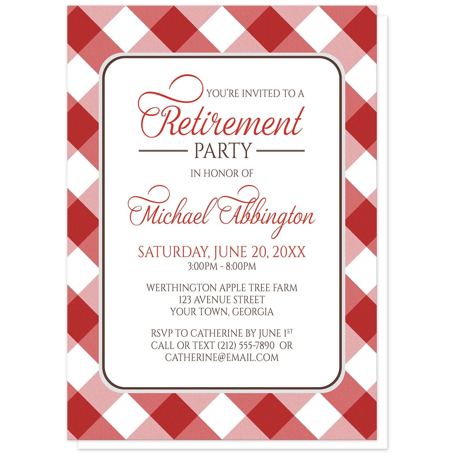 Red Gingham Retirement Invitations at Artistically Invited. Red gingham retirement invitations with your personalized party details custom printed in red and brown inside a white rectangular area outlined in brown and light gray. The background design of these red gingham retirement invitations is a diagonal red and white gingham pattern.