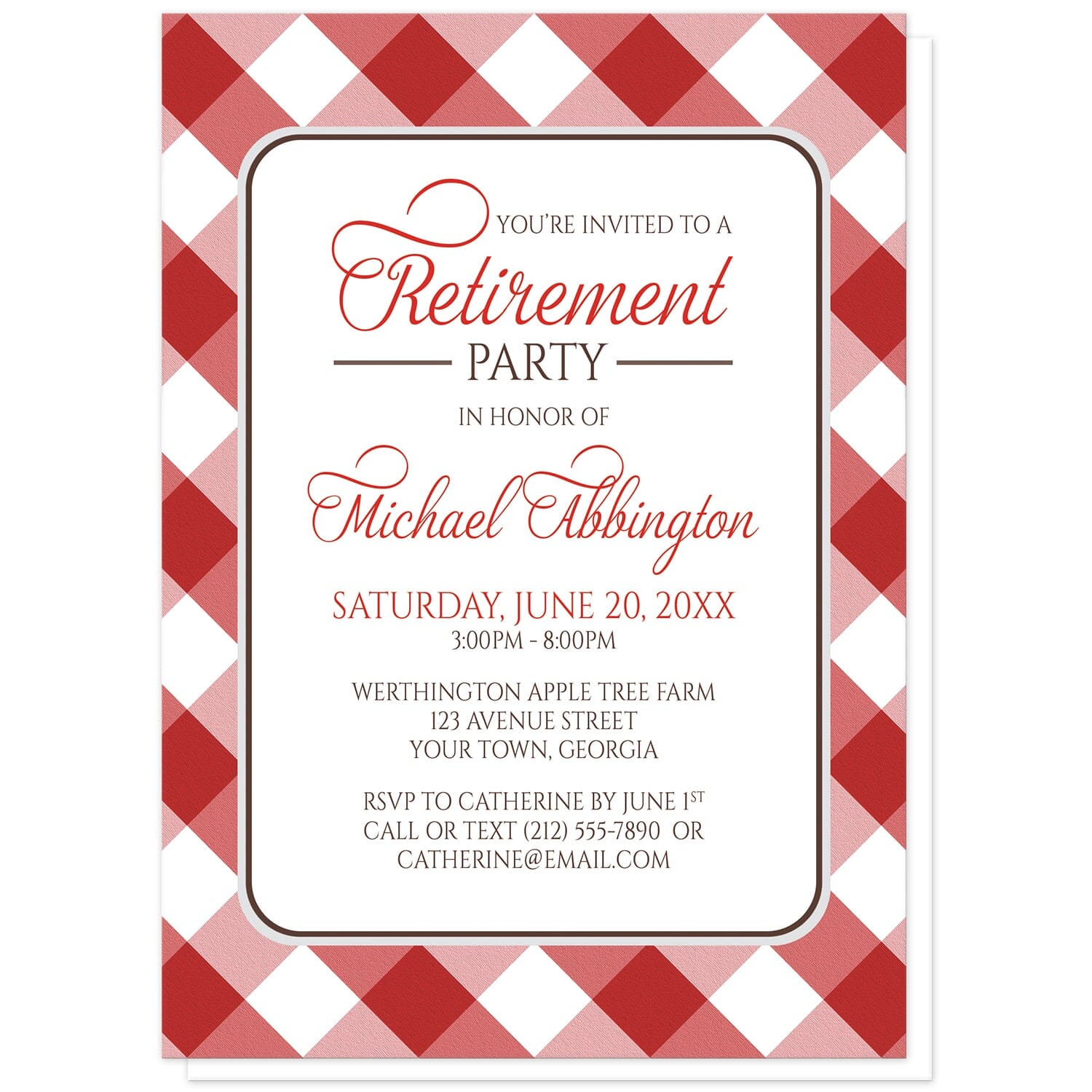 Red Gingham Retirement Invitations at Artistically Invited. Red gingham retirement invitations with your personalized party details custom printed in red and brown inside a white rectangular area outlined in brown and light gray. The background design of these red gingham retirement invitations is a diagonal red and white gingham pattern.
