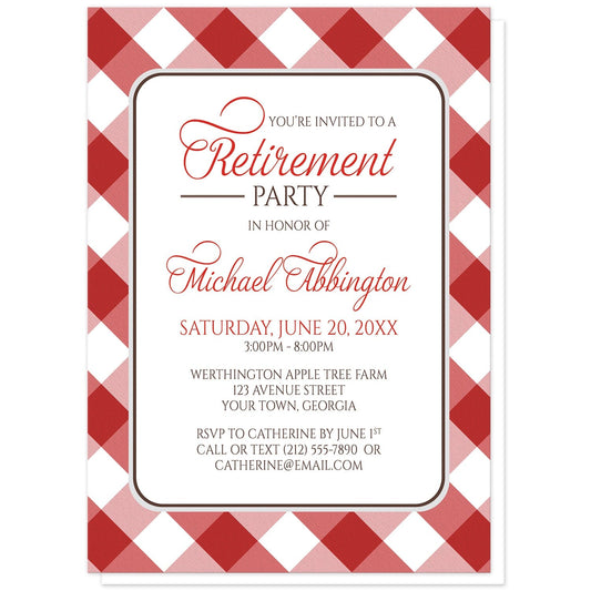 Red Gingham Retirement Invitations at Artistically Invited. Red gingham retirement invitations with your personalized party details custom printed in red and brown inside a white rectangular area outlined in brown and light gray. The background design of these red gingham retirement invitations is a diagonal red and white gingham pattern.