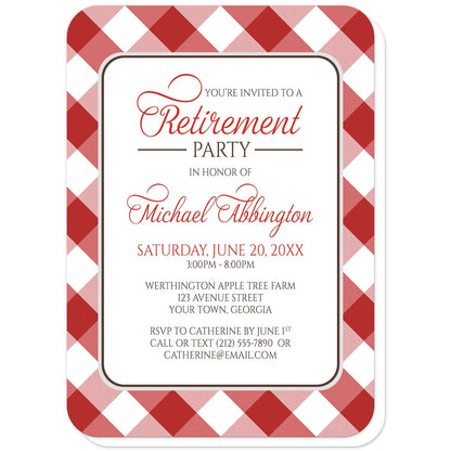 Red Gingham Retirement Invitations (with rounded corners) at Artistically Invited. Red gingham retirement invitations with your personalized party details custom printed in red and brown inside a white rectangular area outlined in brown and light gray. The background design of these red gingham retirement invitations is a diagonal red and white gingham pattern. 