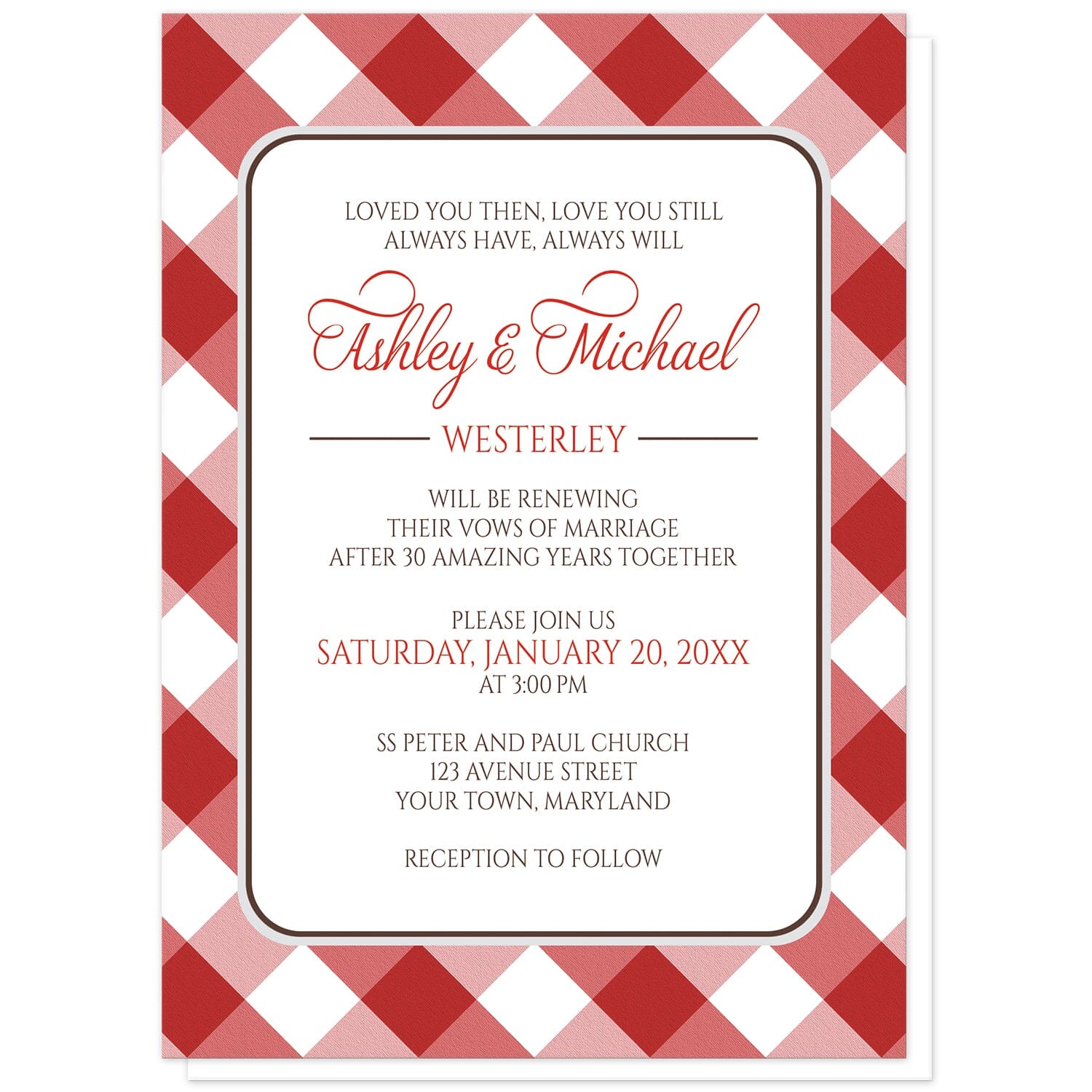 Red Gingham Vow Renewal Invitations at Artistically Invited. Red gingham vow renewal invitations with your personalized ceremony details custom printed in red and brown inside a white rectangular area outlined in brown and light gray. The background design is a diagonal red and white gingham pattern.