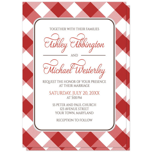 Red Gingham Wedding Invitations at Artistically Invited. Red gingham wedding invitations with your personalized wedding ceremony details arranged in red and brown inside a white rectangular area outlined in brown and light gray. The background design is a diagonal red and white gingham check pattern which is also printed on the back side.
