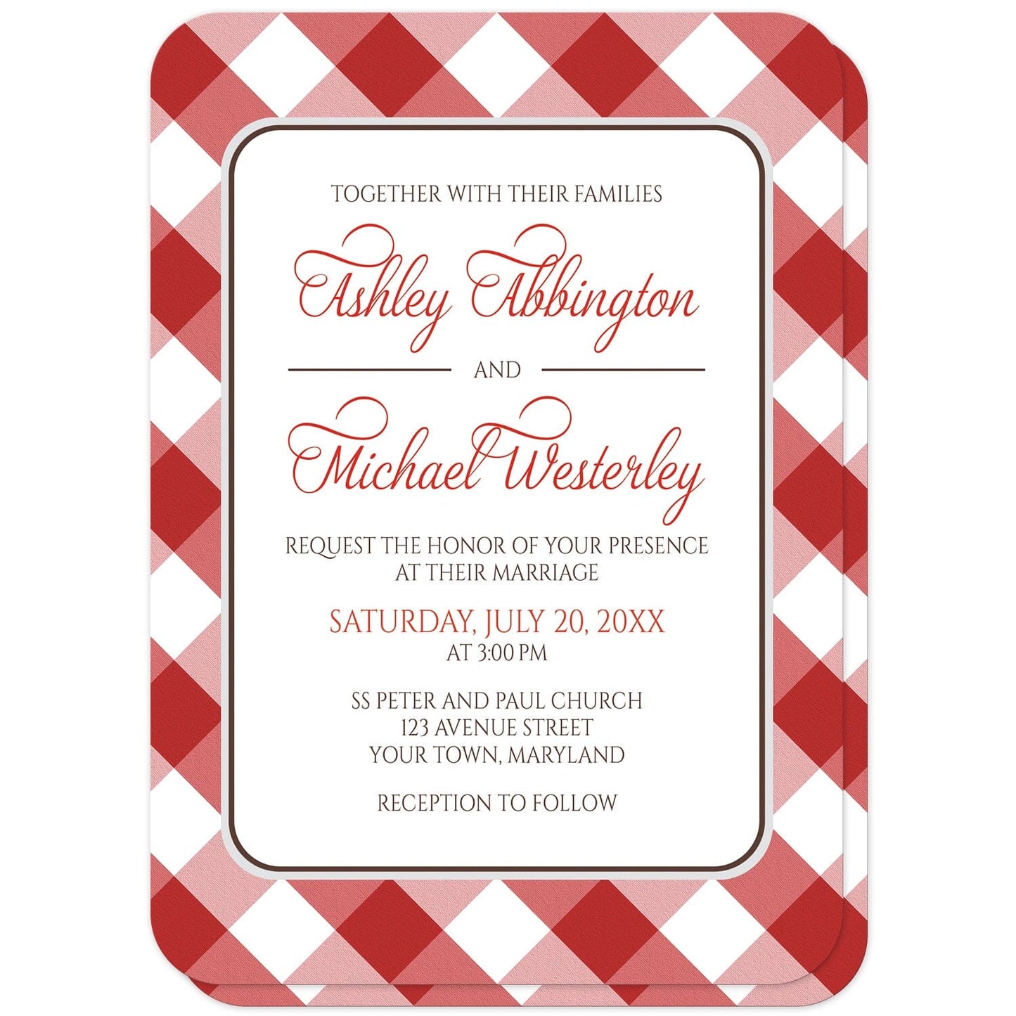 Red Gingham Wedding Invitations (with rounded corners) at Artistically Invited. Red gingham wedding invitations with your personalized wedding ceremony details custom printed in red and brown inside a white rectangular area outlined in brown and light gray. The background design is a diagonal red and white gingham check pattern which is also printed on the back side.