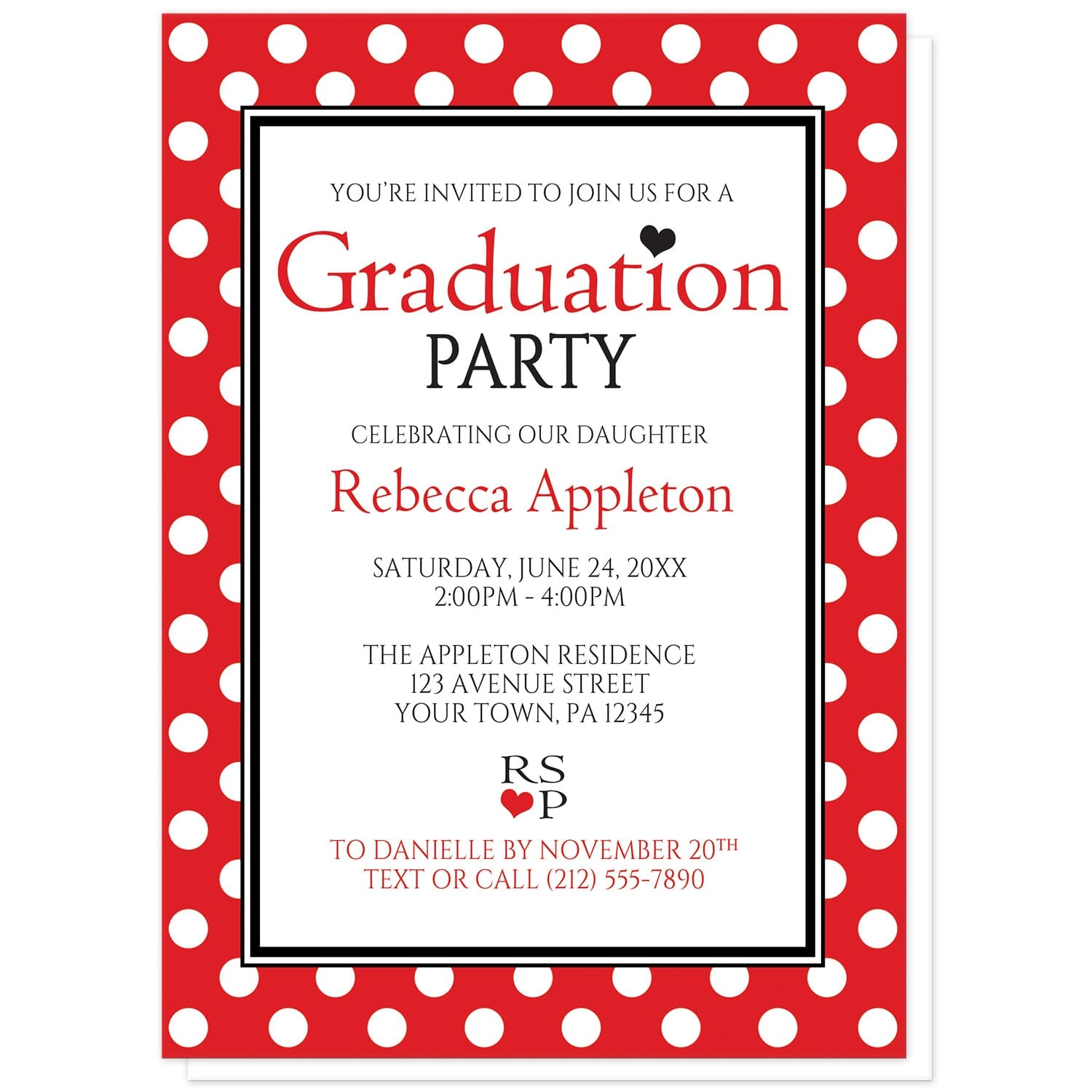 Red Polka Dot Black and White Graduation Invitations at Artistically Invited. Stylish red polka dot black and white graduation invitations with your personalized party details custom printed in red and black with hearts as accents, inside a white rectangle outlined in black and white. The background design of these invitations has a white polka dots pattern over a bold red color.