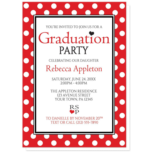 Red Polka Dot Black and White Graduation Invitations at Artistically Invited. Stylish red polka dot black and white graduation invitations with your personalized party details custom printed in red and black with hearts as accents, inside a white rectangle outlined in black and white. The background design of these invitations has a white polka dots pattern over a bold red color.