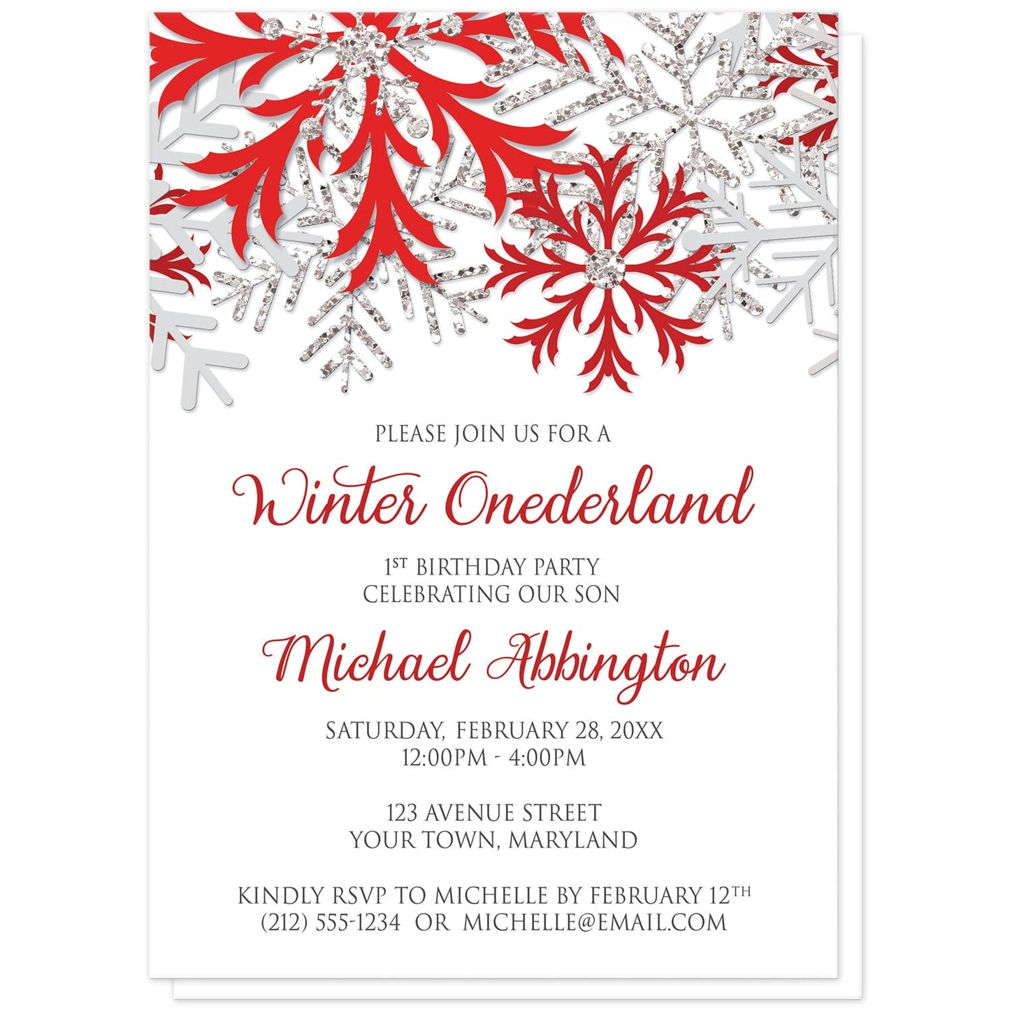 Red Silver Snowflake 1st Birthday Winter Onederland Invitations at Artistically Invited. Pretty red silver snowflake 1st birthday Winter Onederland invitations designed with red, darker red, silver-colored glitter-illustrated, and light gray snowflakes along the top of the invitations. Your personalized 1st birthday party details are arranged in red and gray on white below the snowflakes.
