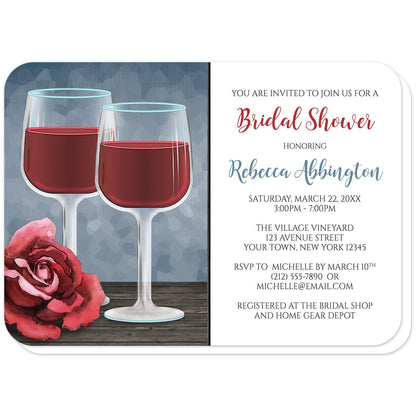 Red Wine Glasses Floral Rose Bridal Shower Invitations (with rounded corners) at Artistically Invited. Uniquely illustrated red wine glasses floral rose bridal shower invitations with two wine glasses filled with red wine on a wooden table with a red rose over a blue background design. Your personalized bridal shower celebration details are printed in red, blue, and dark brown over a white area to the right of the wine glass illustration.