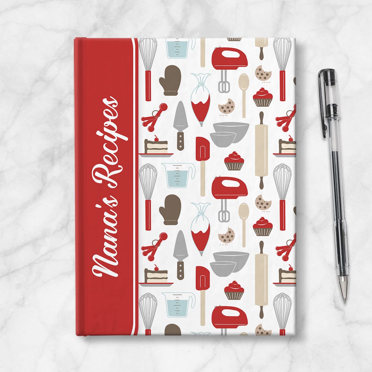 Personalized Red Baking Pattern Journal at Artistically Invited. A journal or sketchbook with a red binding illustration over a red baking pattern for the background. Your name or text of your choice is custom printed in a cute white script font on the front, sideways over the red design near the spine. Photo shows the book next to a pen.