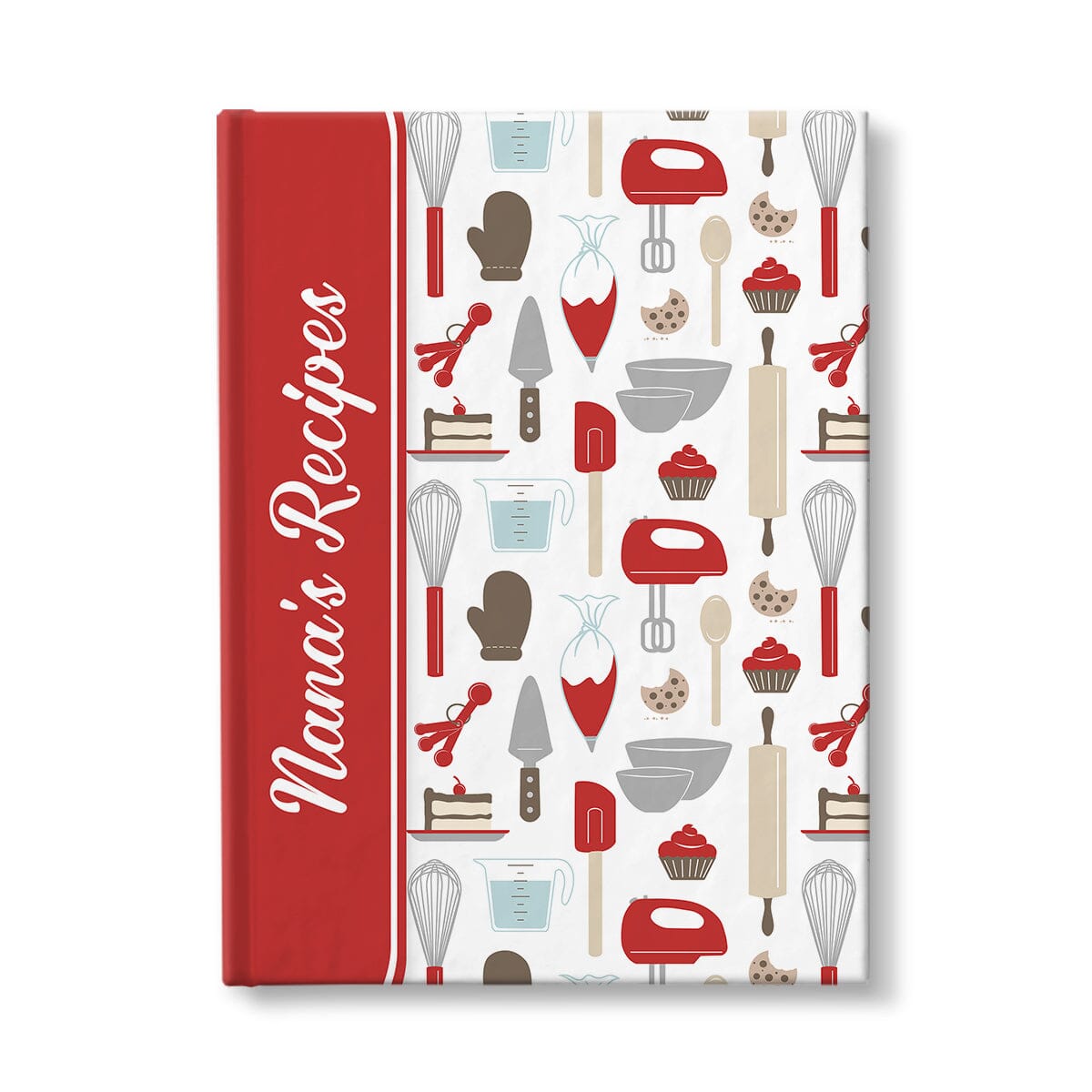 Personalized Red Baking Pattern Journal at Artistically Invited. A journal or sketchbook with a red binding illustration over a red baking pattern for the background. Your name or text of your choice is custom printed in a cute white script font on the front, sideways over the red design near the spine.