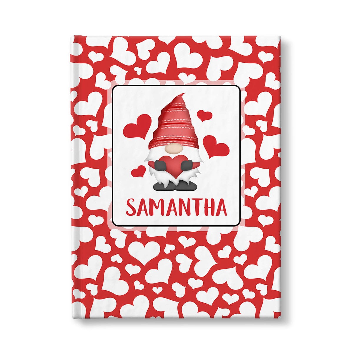 Personalized Red Hearts Gnome Journal at Artistically Invited. A custom book designed with an adorable gnome holding a red heart with 4 hearts floating around him in a white rectangular design on the front of the book, with your name personalized in red below the gnome. The background design that wraps around the cover of the book features a red background color filled with cute multi-directional white hearts of different sizes.