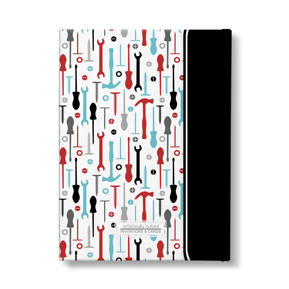 Personalized Red Turquoise Tools Pattern Journal at Artistically Invited. Back side of the book.